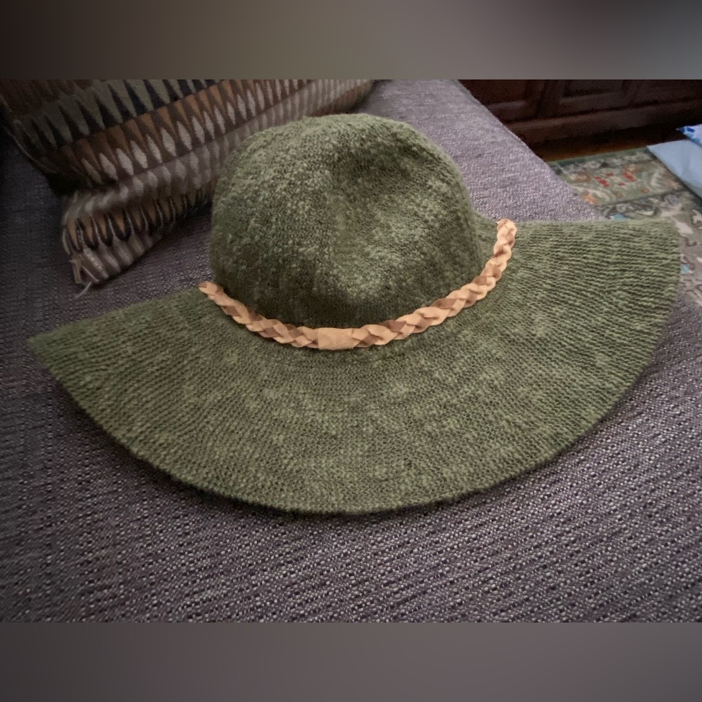 Olive Green Wide Brim Hat with Braided Tan Band